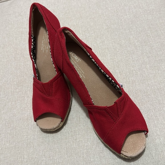 Toms Espadrille Wedge Peep Toe Sandals-Sz 9.5-Red Cotton Cloth - Picture 3 of 16